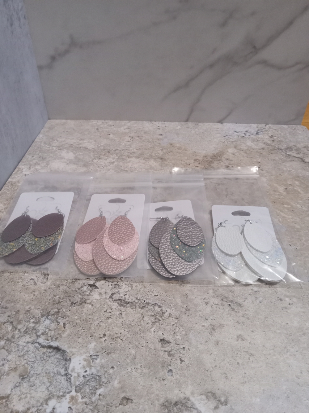 Layered Teardrop Dangle Earrings - Assorted Metallic Neutrals Faux Leather